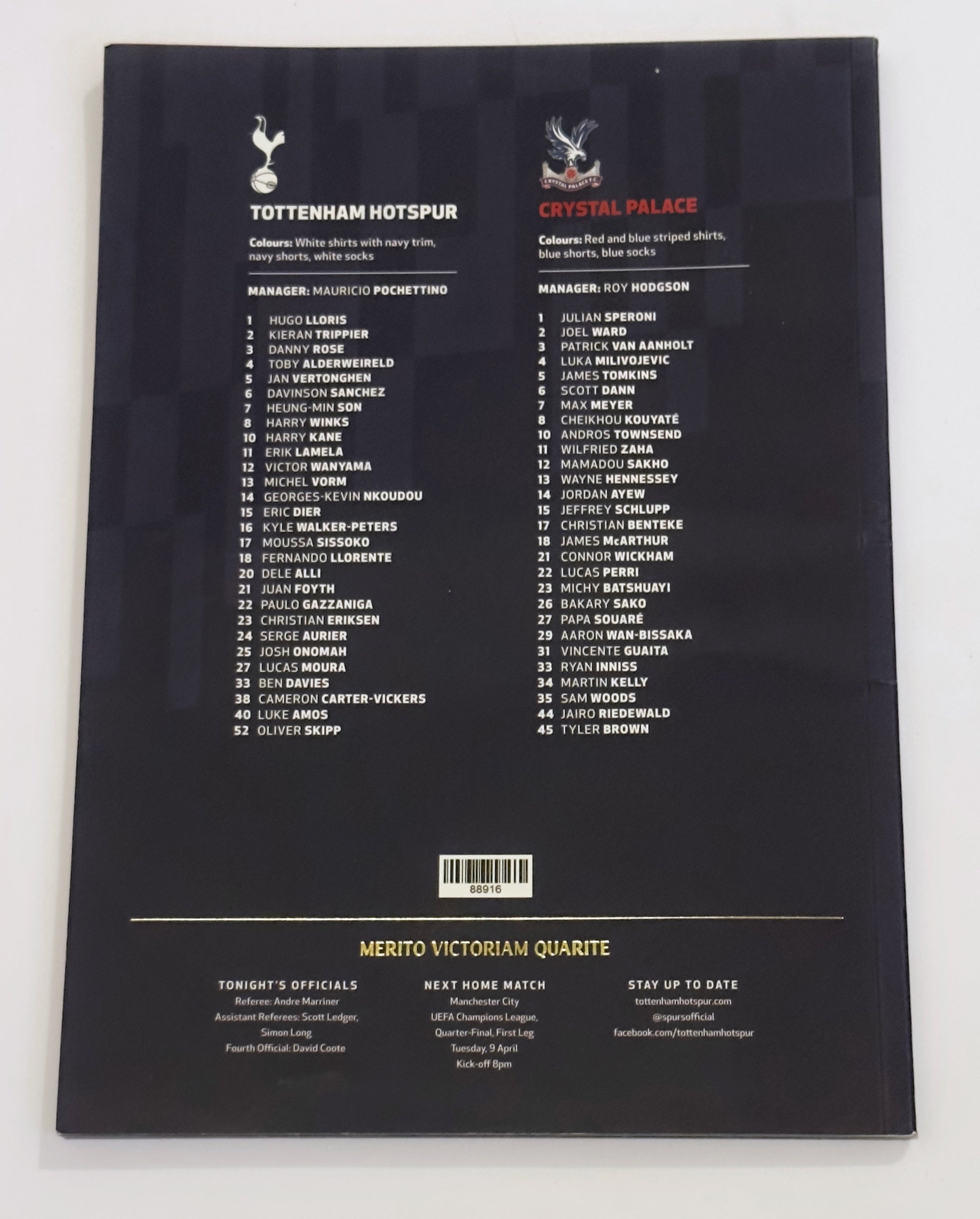 2019-04-03 Tottenham Hotspur v Crystal Palace Official Match Programme